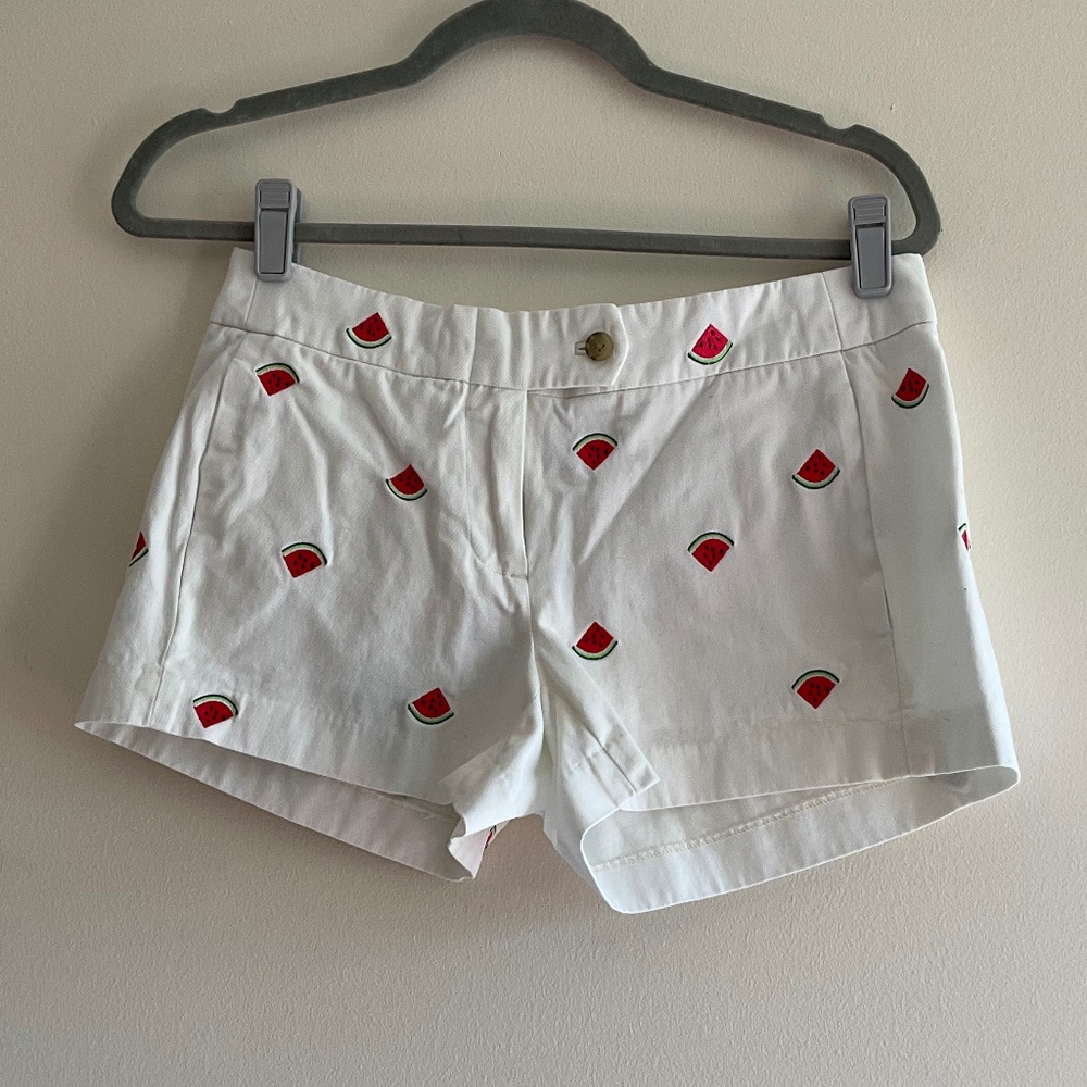 J. Crew White Cotton Shorts with Red Watermelon Embroidery